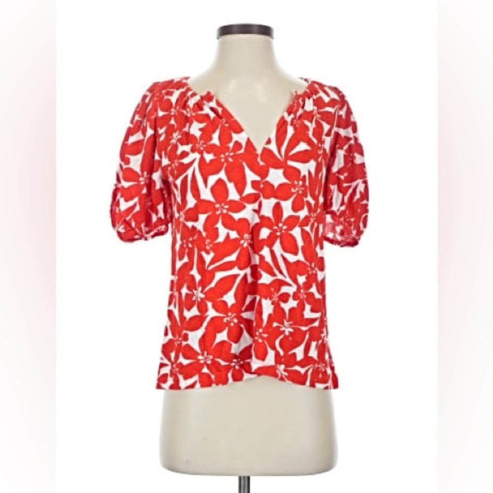 Loft Red Floral V-Neck Puff Sleeve Women's Top